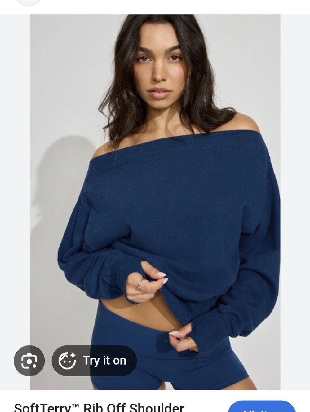 Garage Soft Terry Rib Off-Shoulder Women's Sweater Size S Midnight Blue Like New
